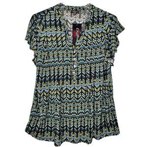 Cocomo Women's Plus Size 1X Black Multicolor Pintuck Short Fluttered Sleeve Top